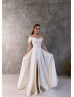 Off Shoulder Ivory Satin High Slit Simple Wedding Dress